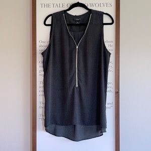 Black and White Polka Dot Sleeveless Zip Front Hi Lo Shirt XL